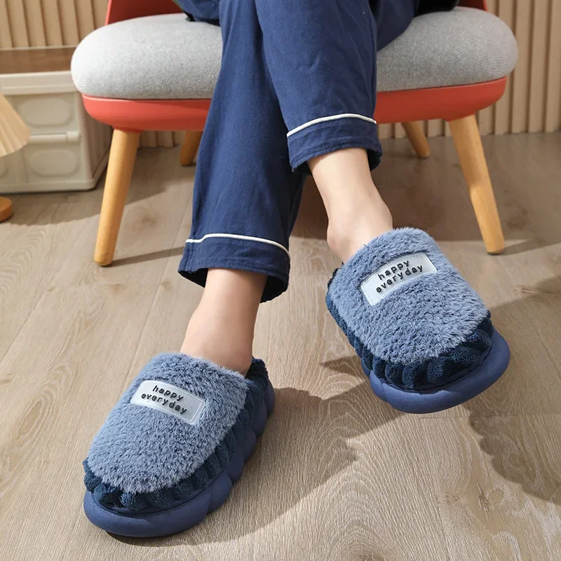 New Men Soft Plush House Slippers Warm Couple Winter Indoor Bedroom Shoes Cloud Thick Platform Fluffy Women Home Cotton Slides