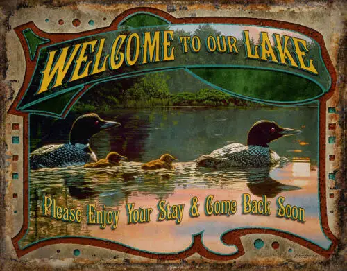 Welcome To The Lake Camping House Cabin Rustic Bonfire Wall Décor Metal Tin Sign sign