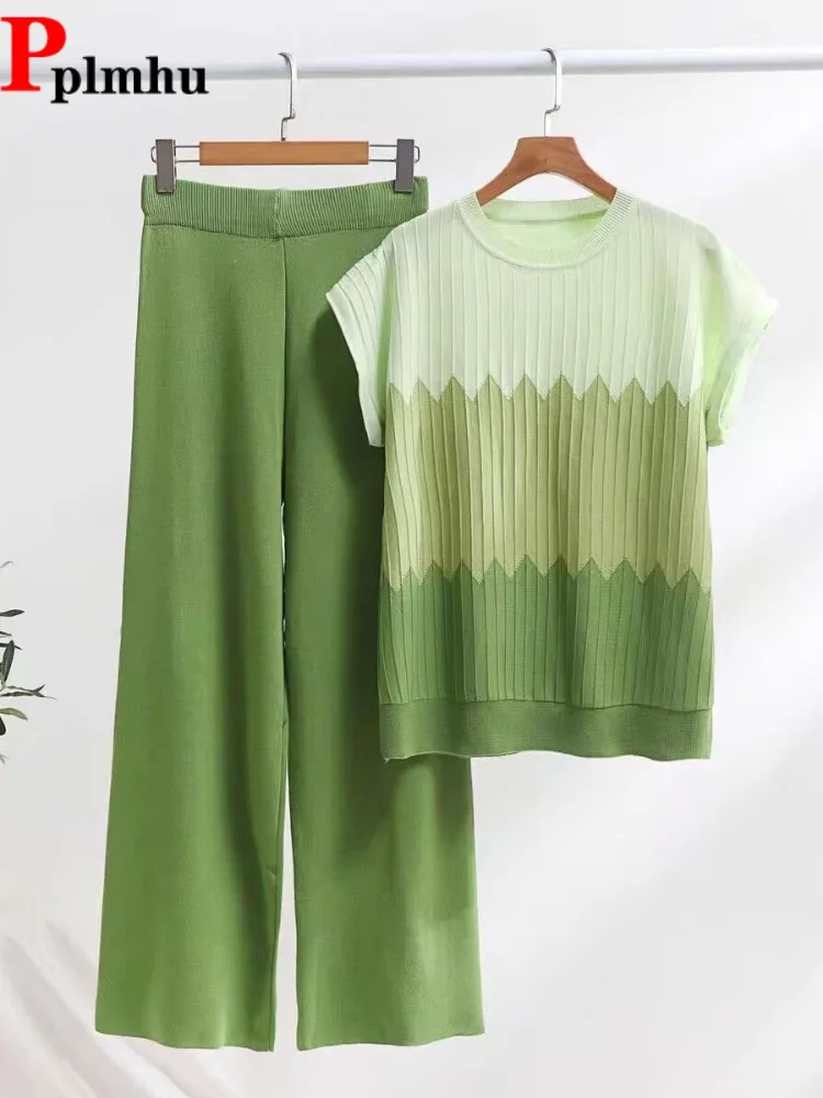 

Градиентный топ с круглым вырезом и короткими рукавами, комплект из 2 предметов: повседневный модный костюм для женщин, брюки с высокой талией на резинке, вязаный ансамбль