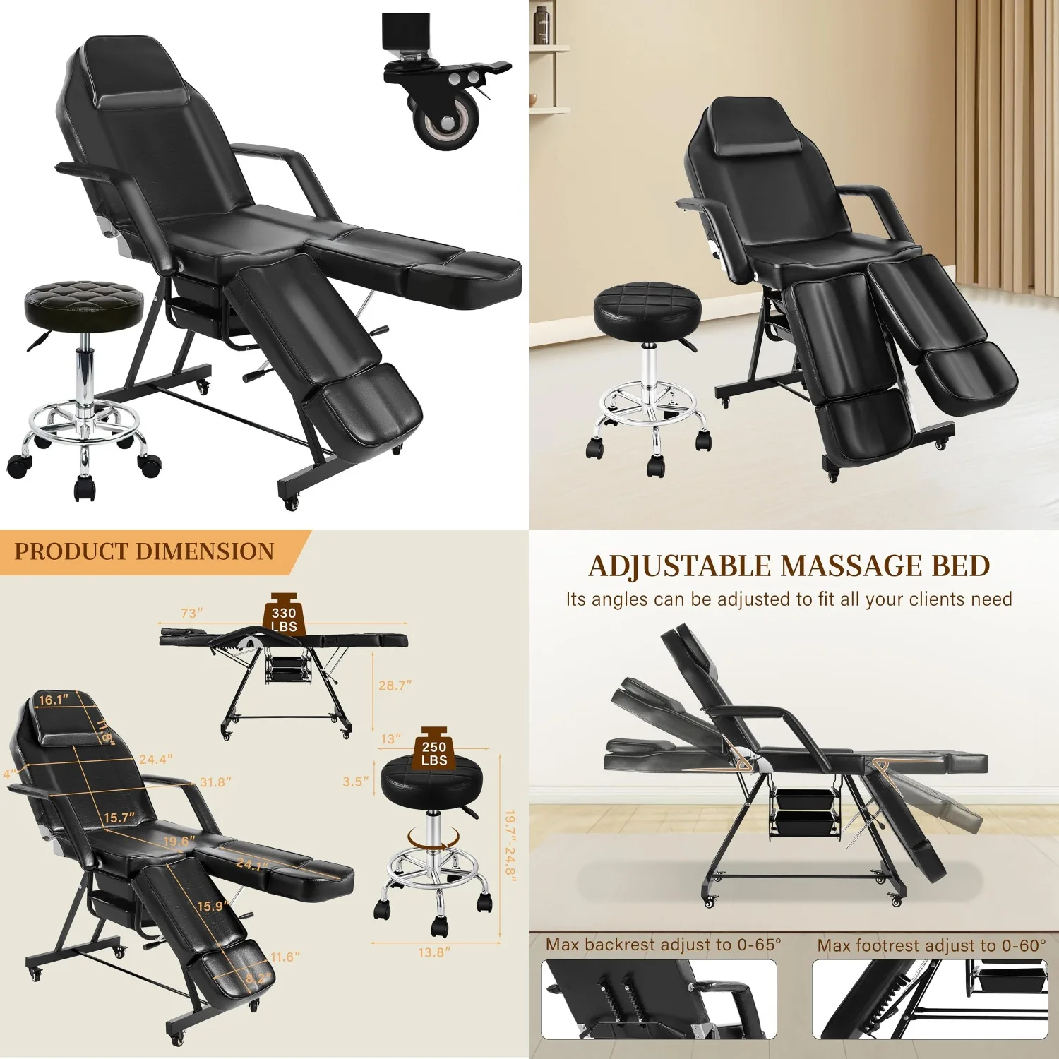 

Черное регулируемое кресло для тату-салонов с колесами, раздельными подлокотниками и подставкой для ног, для салонов красоты и спа-процедур, на заказ