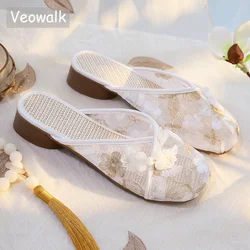 Veowalk Summer Women Gauze Mesh Embroidered Flat Mules Slippers Breathable Comfortable Walking Shoes for Elegant Lady Vegan Home