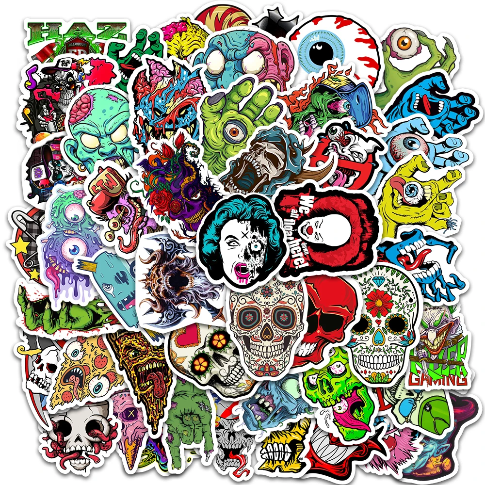 50Pcs Cool Pop Horror Skull Stickers Cartoon Decals Stationery Luggage Laptop Helmet Motorcycle Graffiti Zombie Sticker