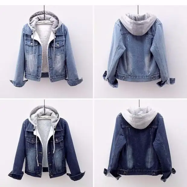 Women's Winter Denim Jacket with Removable Hood, Thickened Cotton Coat, Warm Fleece Lining, Short Style