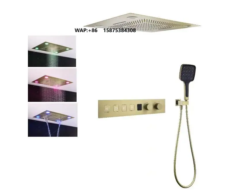 800*600 mm Luxury Ceiling LED Wall Mount Bathroom Thermostatic Brushed Gold Rain Waterfall Shower Set High Flow Shower System