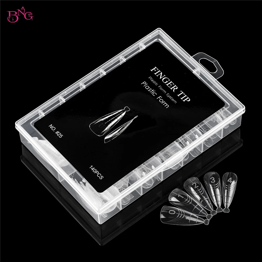 BNG 140Pcs Dual Nail Forms Poly Extension Gel Nails Full Cover Nail Tip Builder Molds 14 Sizes Clear Almond for Solid Nail Gel