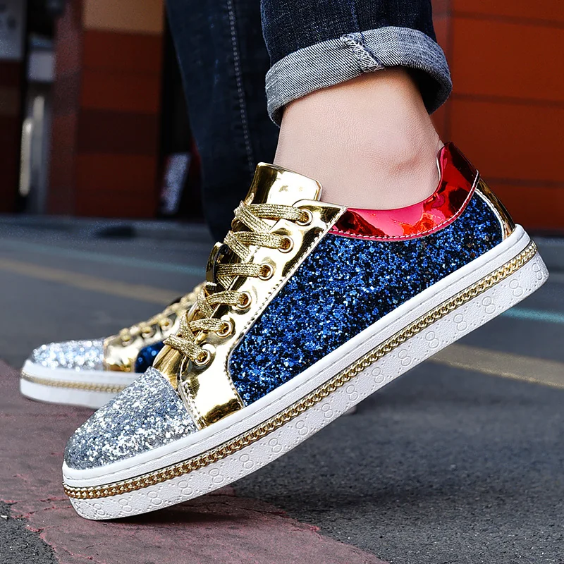 Men Women Casual Sports Shoes Sequin Mixed Colors Design Outdoor Running Walking Sneakers Lace Up Vintage Shoes For Couple 36-44