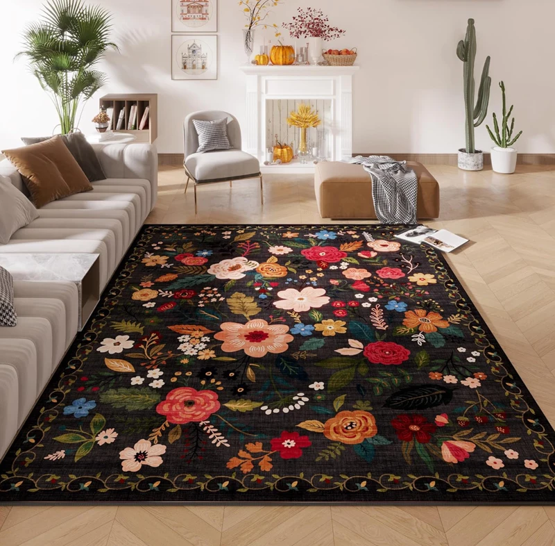 Vintage Boho Floral Rug Retro Botanical Living Room Carpet Non Slip Washable Large Floor Mat for Bedroom Entryway Home Decor