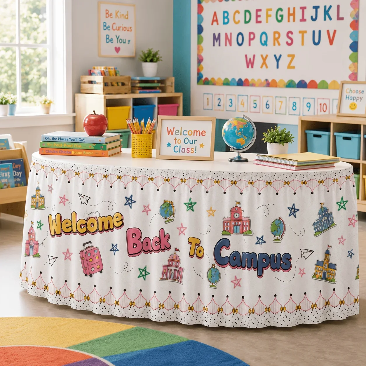 A piece of tablecloth/drapery for a school party with a school globe print