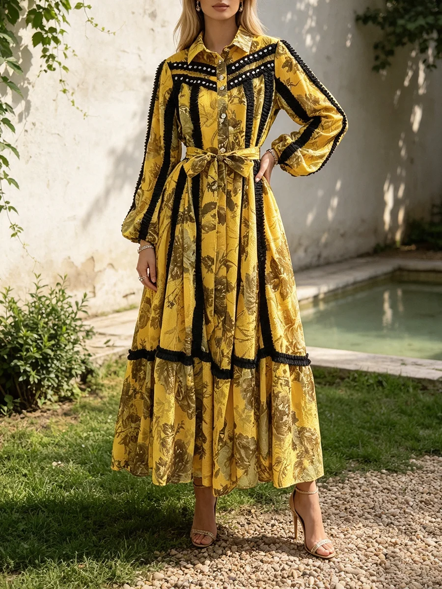VGH Floral Print Maxi Dress for Women Shirt Collar Long Puff Sleeve Ruffle Contrast Trim Tie Bow Belt for Summer Daily Casual