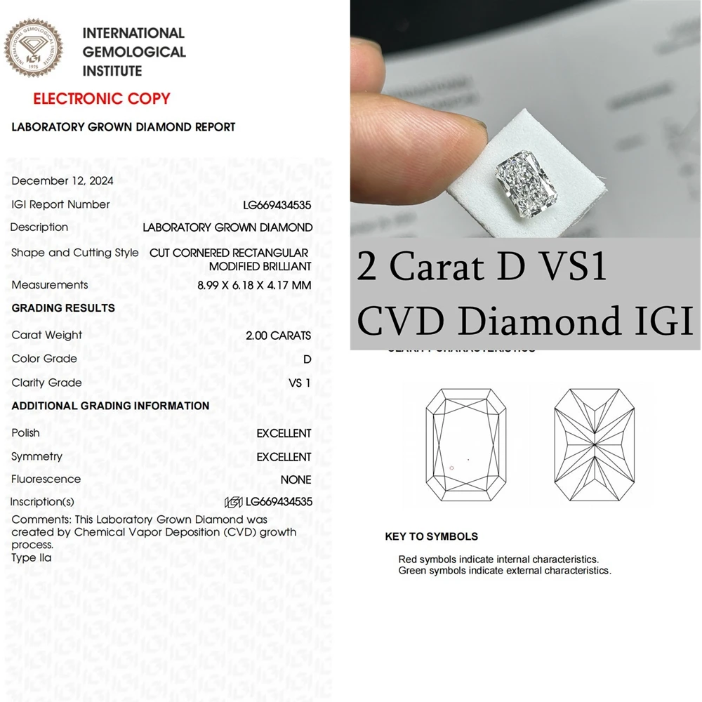 

1CT to 3CT Radiant Cut CVD Diamond IGI Certified White D VS1 Lab Grown Diamond for Jewelry Making