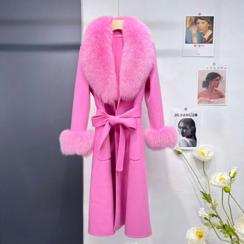 Winter Double-faced Blends Wool Coats Women Fox Fur Collar Long Belt Elegant Bathrobe Tie Long Sleeve Slim Fit Elegant Commuting