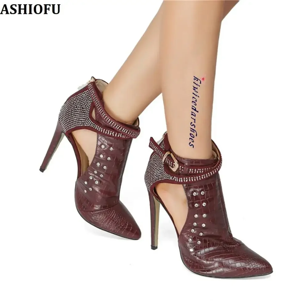 ASHIOFU New Handmade Ladies High Heel Pumps Crystals Buckle Strap Party Prom Dress Shoes Office Daily Wear Fashion Court Shoes