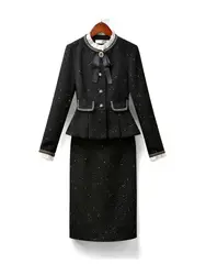 Women Elegant Chic Formal Occasion Suit Jacke Coat Top And Skirt Two Piece Set Outfit Winter Jacquard Vintage Tweed Clothing