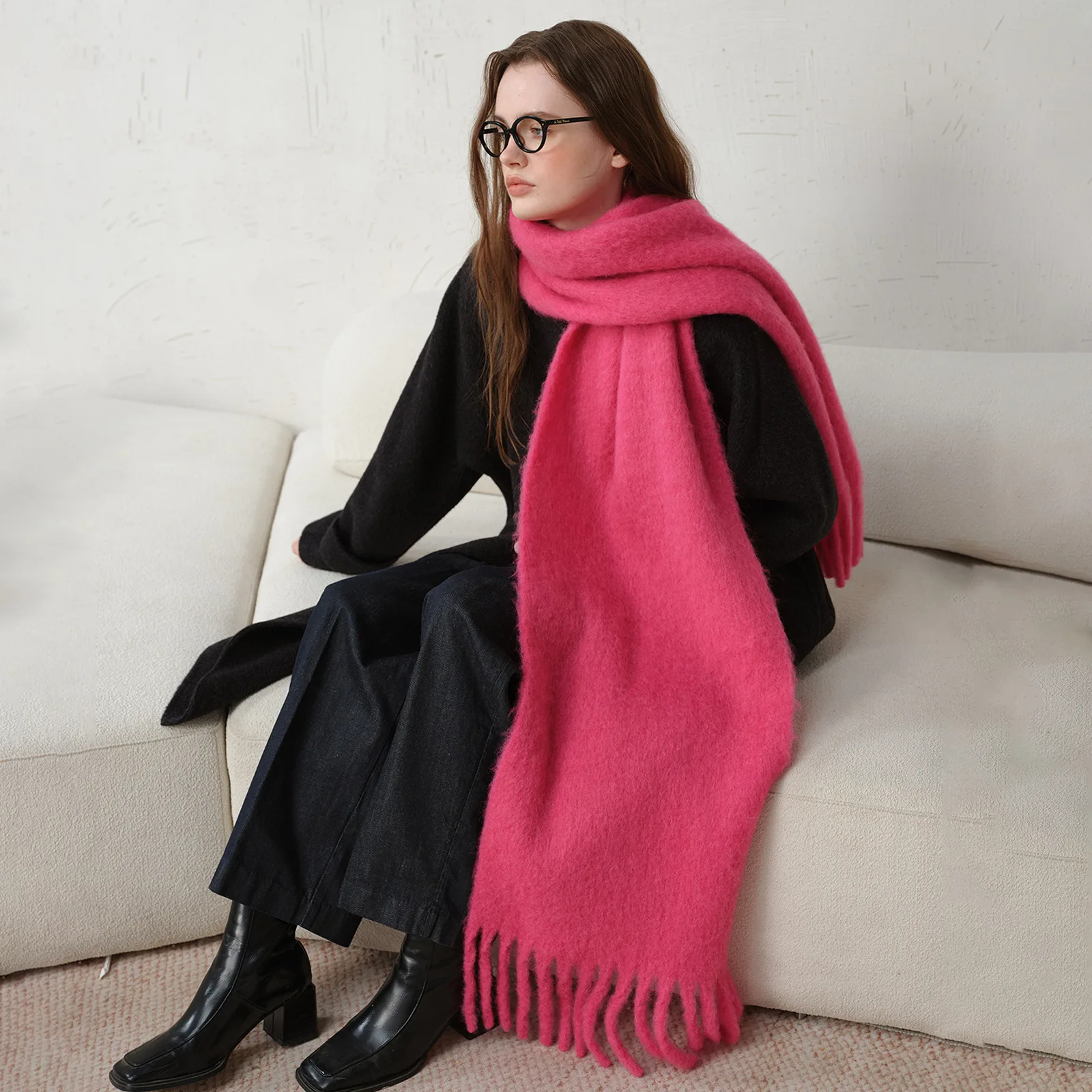 Sciarpa invernale Sciarpa in cashmere da donna Calda coperta in cashmere solido Sciarpa da donna spessa morbida con frange grandi Scialle lungo