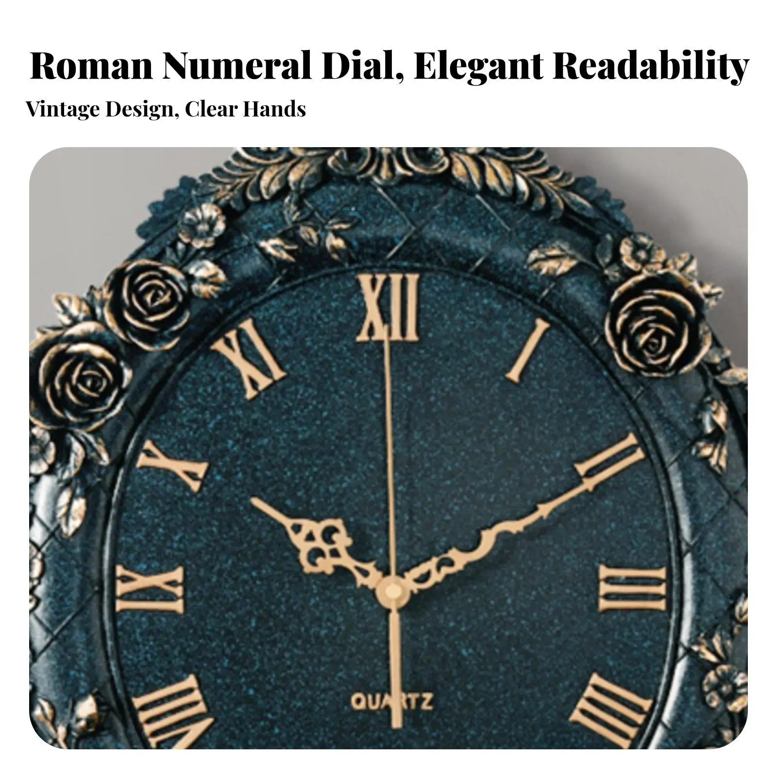 Silent and precise analog clock, ornate and decorative, without ticking.
