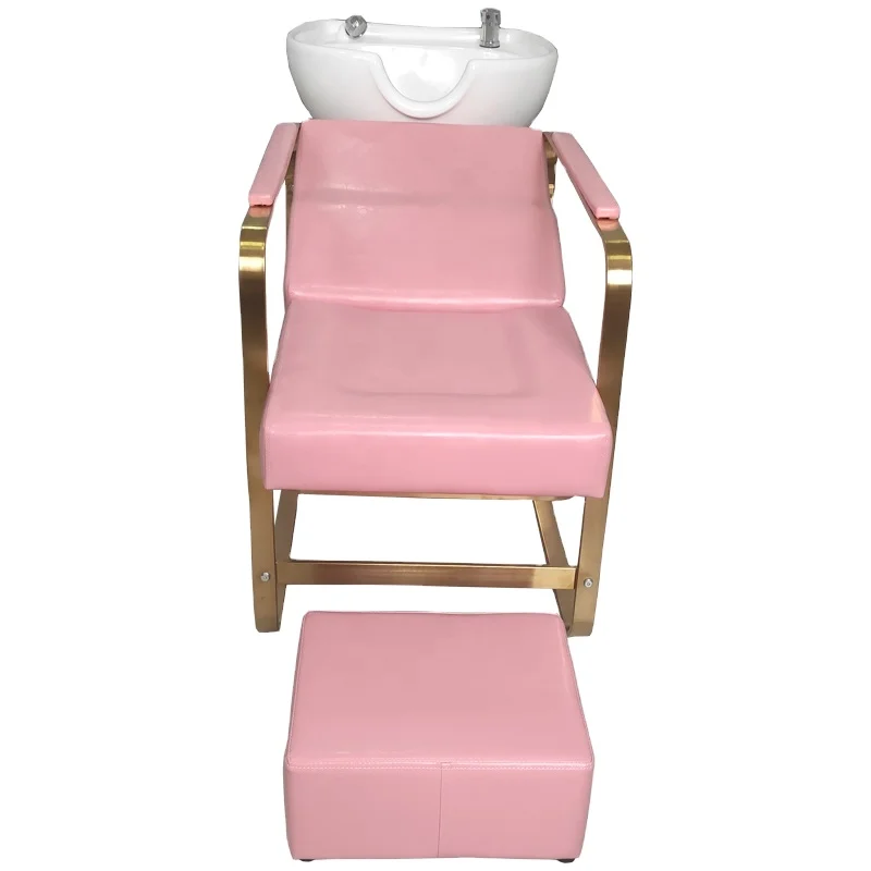 

Gold Pink Reclining Salon Shampoo Chair With Washing Sink and Footrest