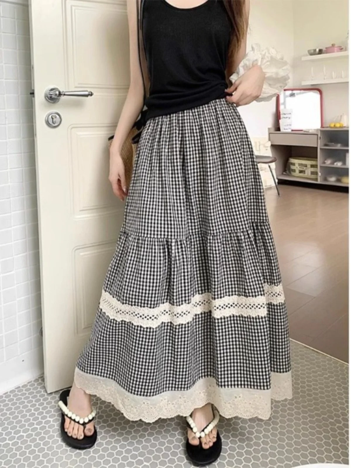 

Retro Lace High Waist f Skirt Cake Sle Summer Long Commute Slimming Plaid Patchwork Women's Faion Polyester Fiber