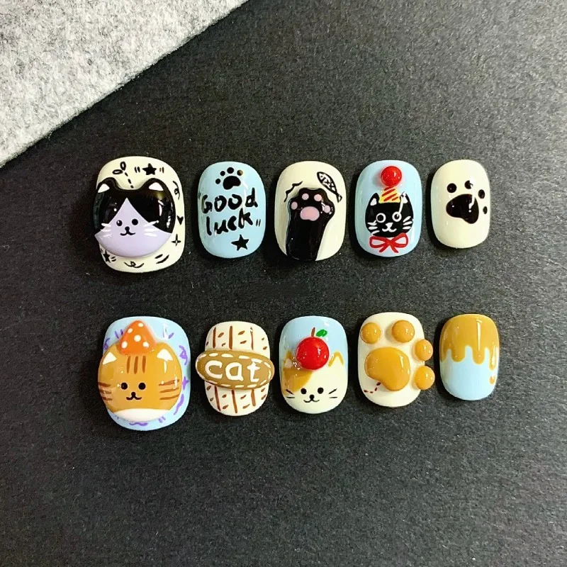 

24PCS 3D Cartoon Press on Nails Gold Silver Gilded Short Square Fake Nails Childlike Manicure Cute Cats False Nails for Girls 네일