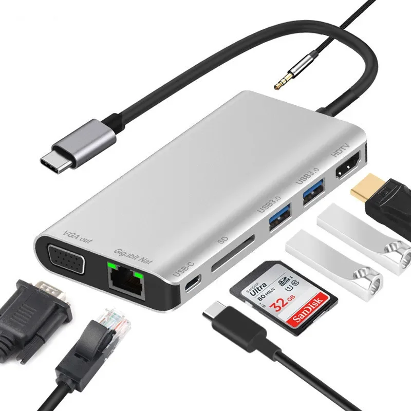 

TypeC To +VGA+USB3.0+SD Card Reader+Gigabit Ethernet Port+PD Type Docking Station 8-in-1 Hub HD Adapter