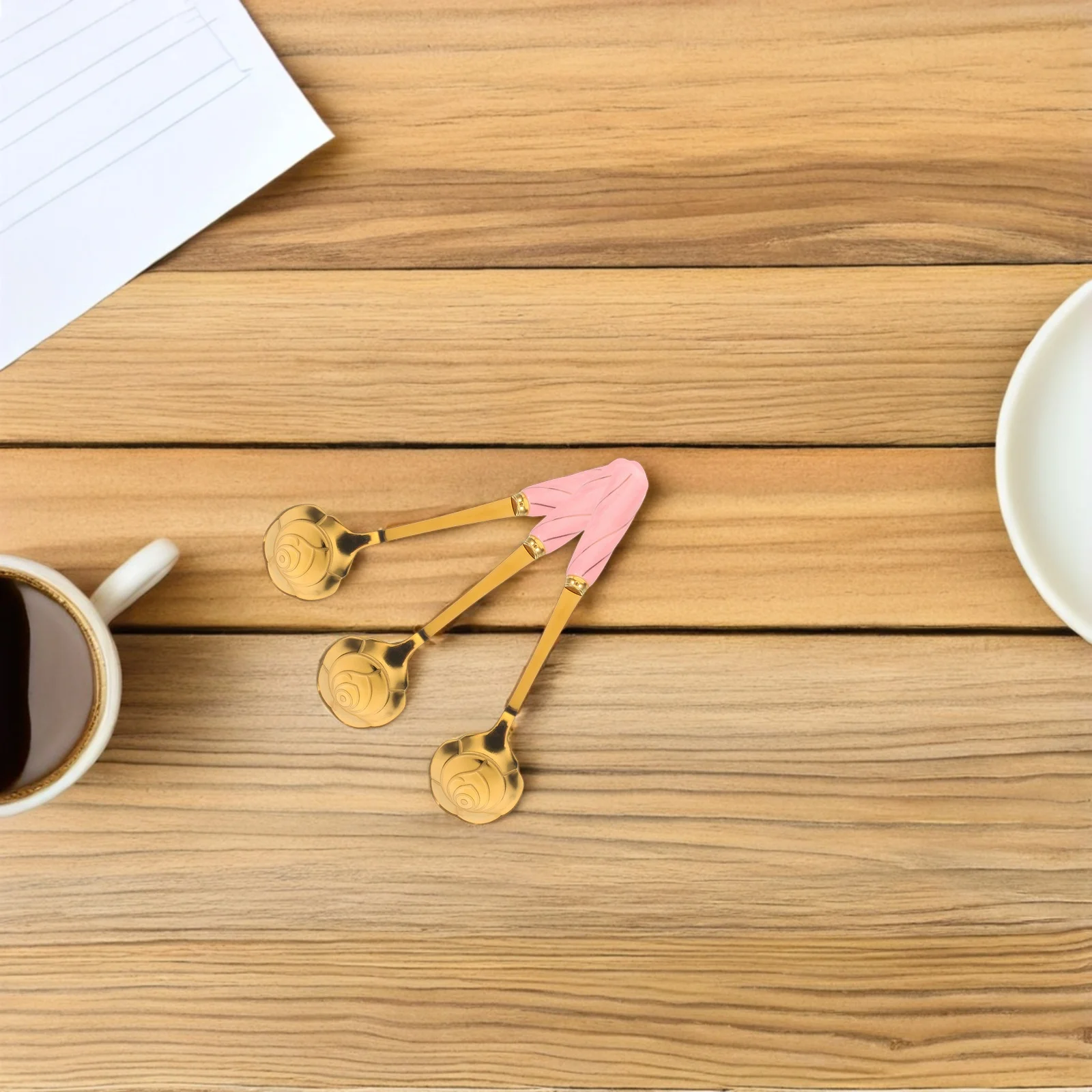 

3Pcs Anti Rust Stainless Steel Spoons Ceramic Handle Petal Design for Mixing Drinks Kitchen Bar Use Pink Gold