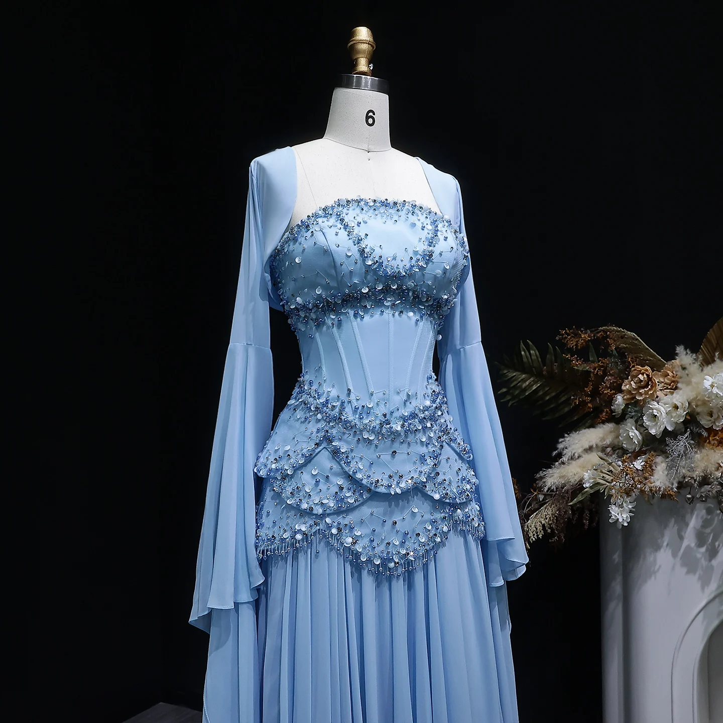 Sharon Said Elegantes Blaues Chiffon-Korsett-Abendkleid mit Futter und Jacke, ausgestellten Ärmeln, Luxus SS286, individuell anpassbar – Detail 7