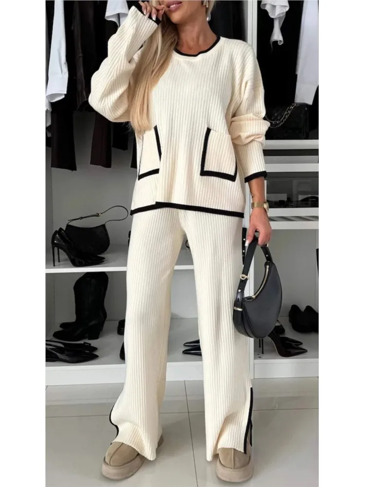 Fashion Knitted Pocket Two Piece Sets Autumn Winter Casual Women O-neck Long Sleeved Top + Pants Set Elegant Homewear Loose Suit