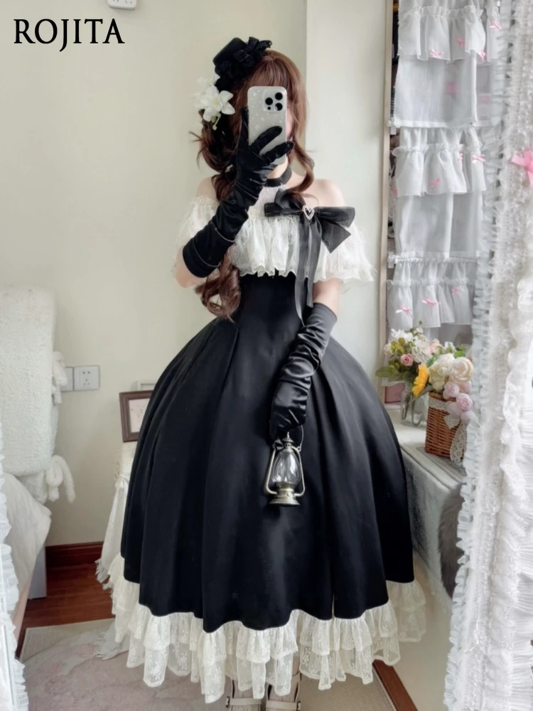

Summer Halter Neck Off-Shoulder Lace Elegant Ladylike Black Long Lolita Dress Japanese Gothic Style Lace Patchwork Vintage Dress