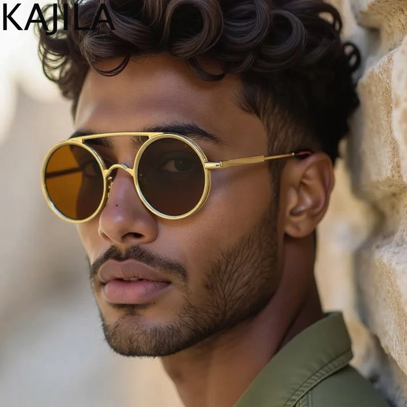 النظارات الشمسية الصغيرة المستديرة Steampunk الرجال 2025 العلامة التجارية الفاخرة خمر إطار معدني فاسق نظارات شمسية للذكور مزدوجة شعاع ظلال UV400