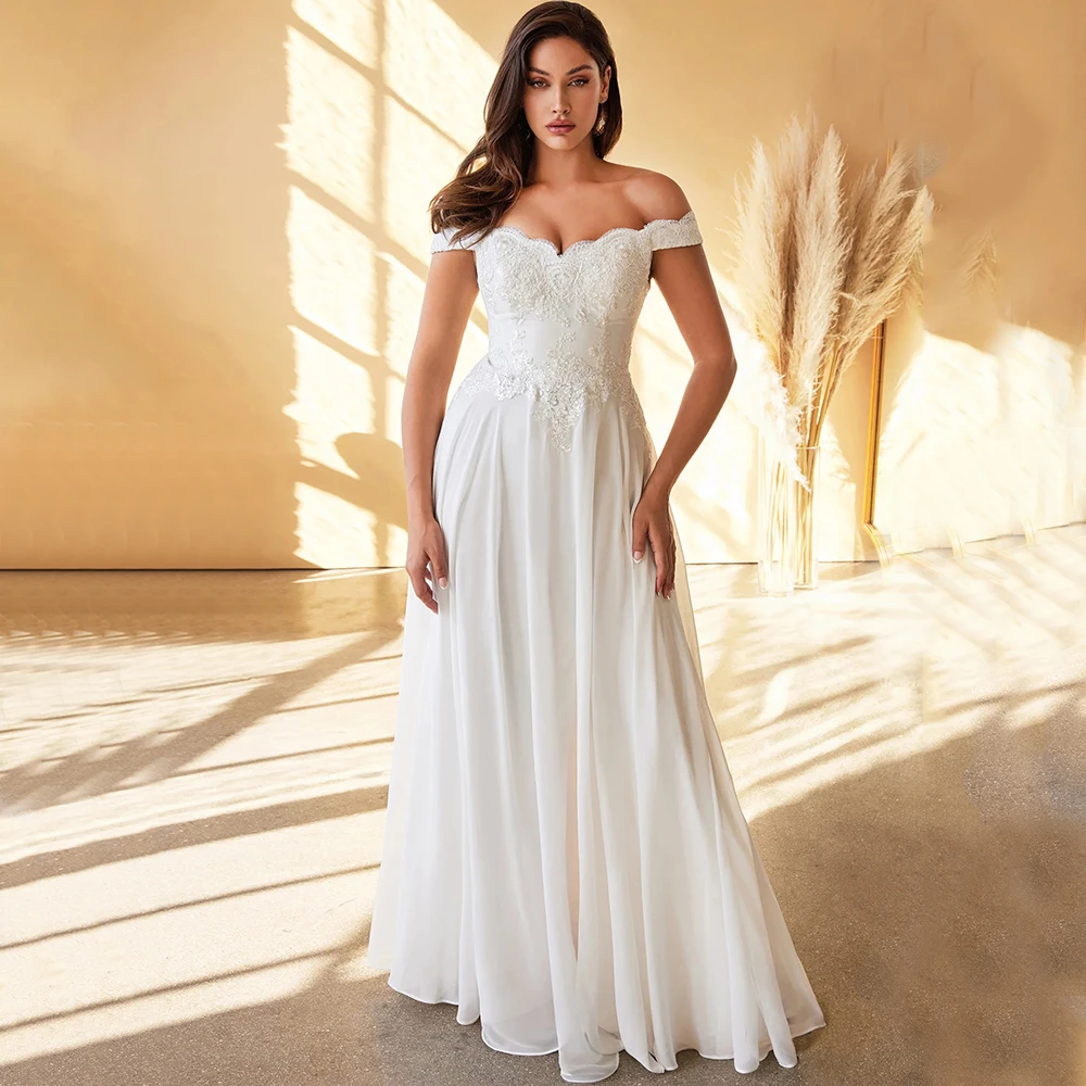 

Classic Chiffon Applique Wedding Dress Bridal Off the Shoulder Short Sleeve Boat Neck A-Line Floor Length Civil Bride Gowns