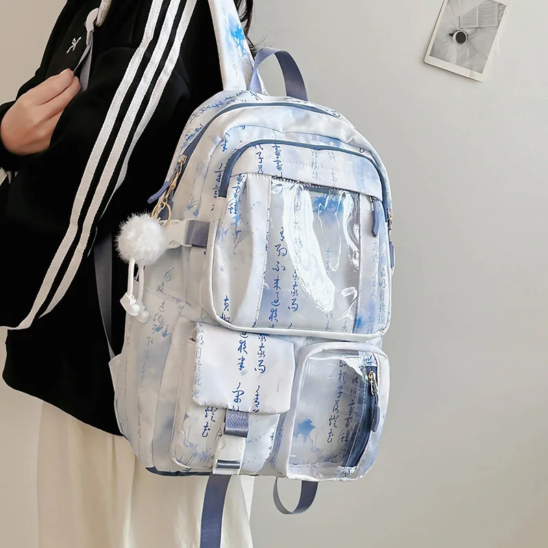 Chinese Calligraphy Print Aesthetic Backpack Transparent Pocket Teen Girls Student Casual Travel Laptop School Daypack
