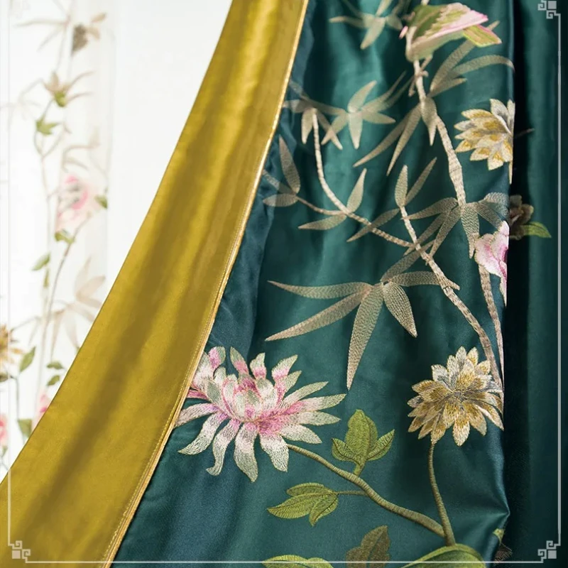 Dark Green Chinese Style Embroidery Glossy Window Screen Curtains for Living Room Bedroom Balcony Villa