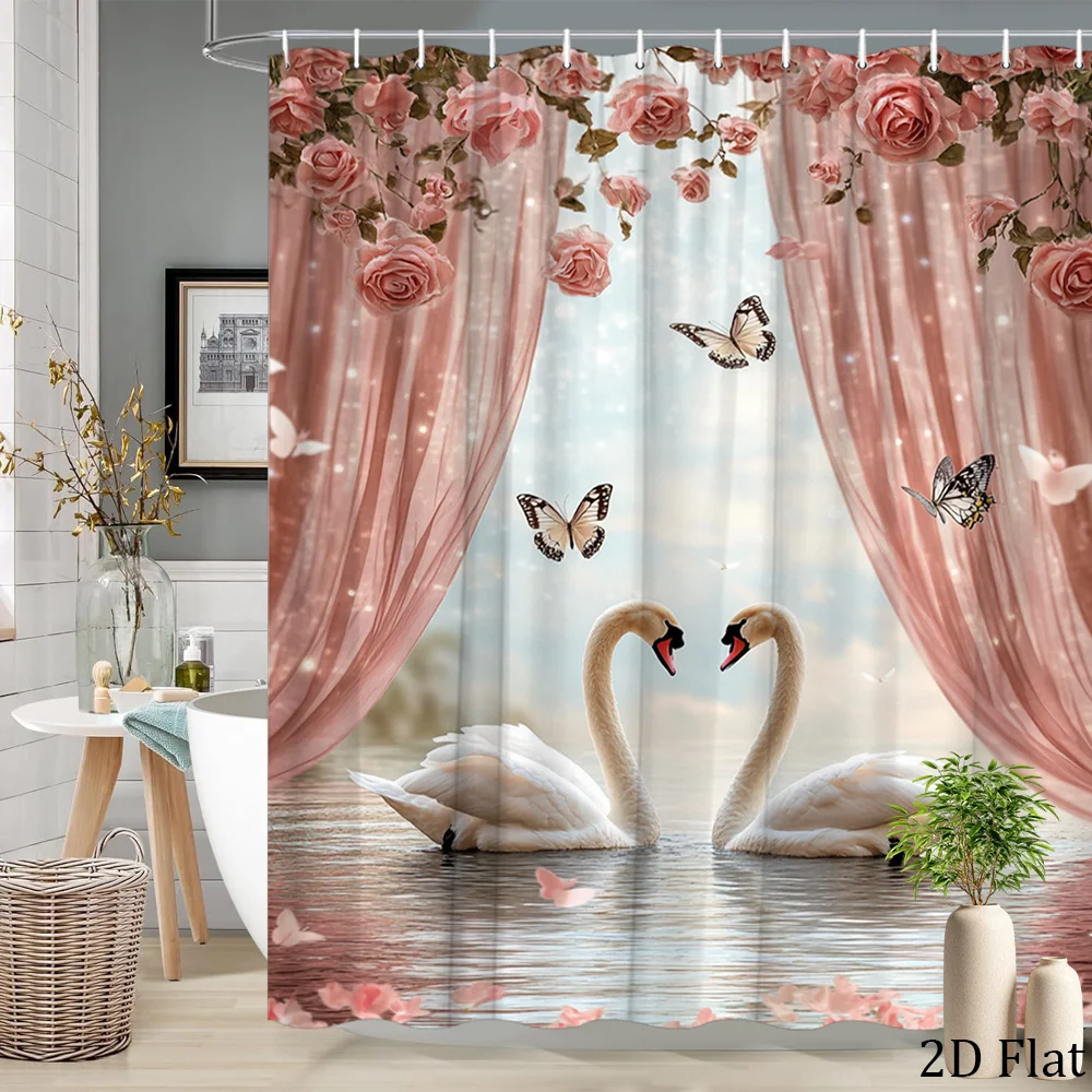 

Romantic Swan & Rose Shower Curtain, Pink Curtain & Butterfly Print, Waterproof Polyester Bathroom Curtain with Hooks