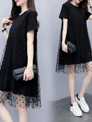 

Slimming Mesh Summer New Style Women's Dress Cover Stomach High Waist A-Line Short Sleeve Mid-Length Casual Fashion Dress