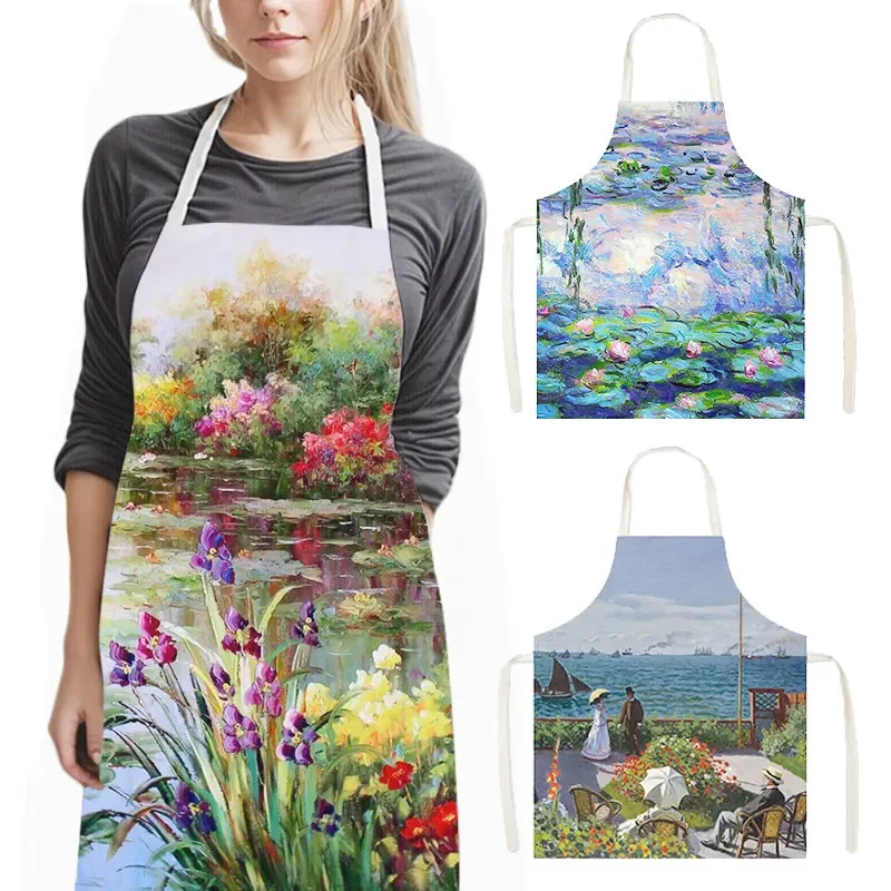 Famous Oil Painting By Claude Monet Kitchen Aprons Waterlily Lotus Flower Pinafore Home Cleaning Clothing Chef Cooking Apron