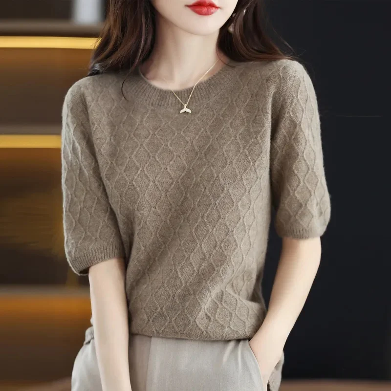 2023 New Women Sweater Short Sleeve O-neck Stripe Knitwears Slim Fit Shirt Jumpers Fashion Pullovers Thin Knit Bottoming Tops