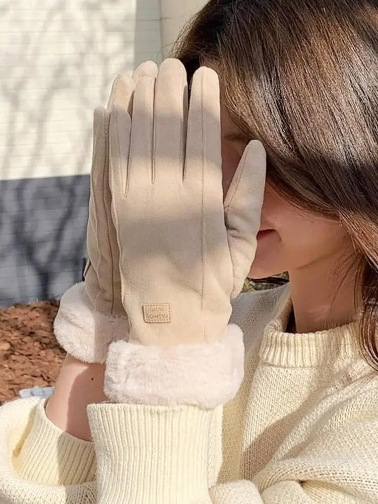 AliExpress NONE Women's Winter Warm Touchscreen Gloves Plush Lined Thick Suede Outdoor Guantes Lady Touchscreen Driving Gloves Cycling Mittens