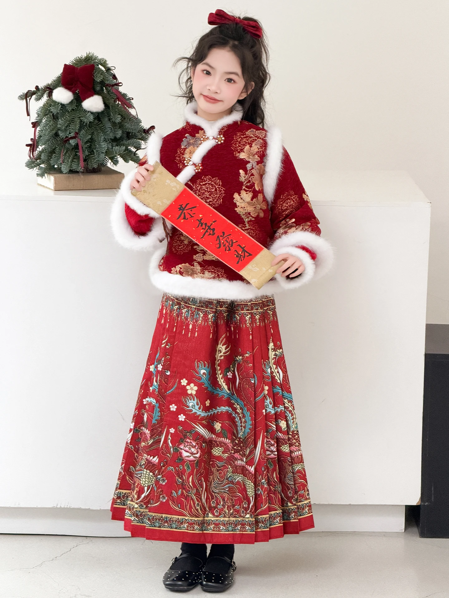 

Girls Winter Faion Thiened New Year Gown Set Retro Hanfu Skirt Ensemble Children's Clothing Casual Loose Fit Long Sve