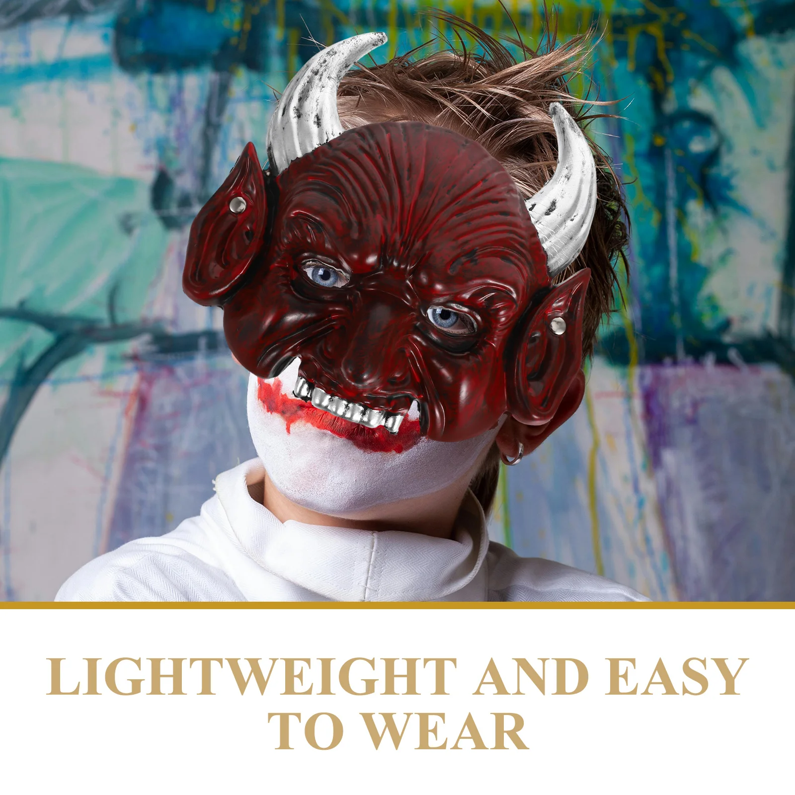 قناع أحمر واقعي قرون حادة للهالوين أقنعة تنكرية مخيفة نصف وجه للرجال والنساء قابلة للتعديل تناسب مرنة