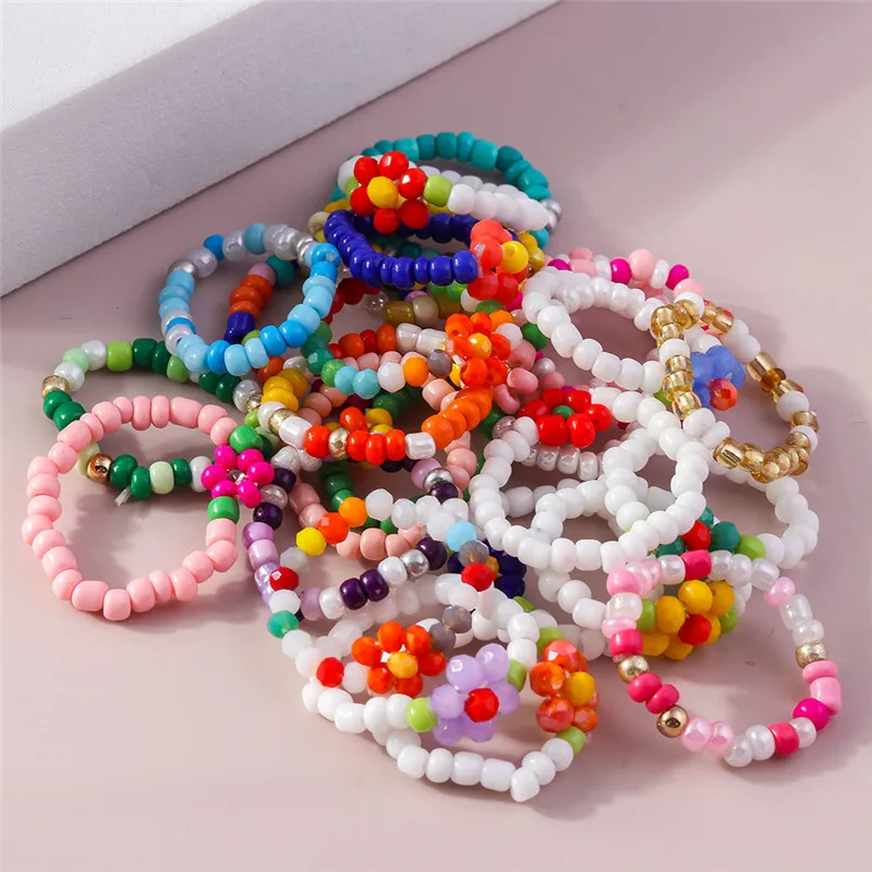 Aihua Koreanische Bunte Kleine Blume Ring Sets Böhmen Handgemachte Multi Perlen Reis Perlen Finger Ring Für Frauen Strand Schmuck Geschenke – Detail 2