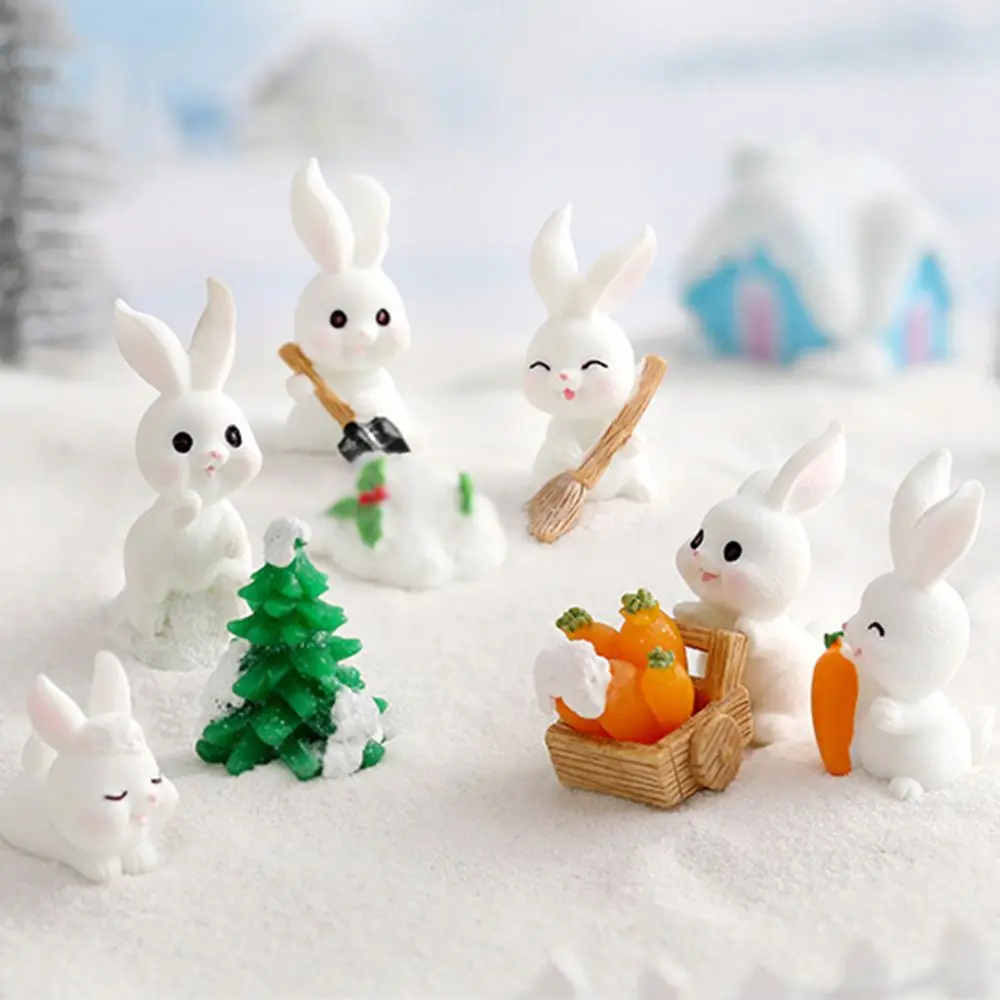 Figurines Miniature Cute Christmas Rabbit Micro Landscape Snowman Bunny Ornament Desk Accessories For Home Decoration Kids Gifts