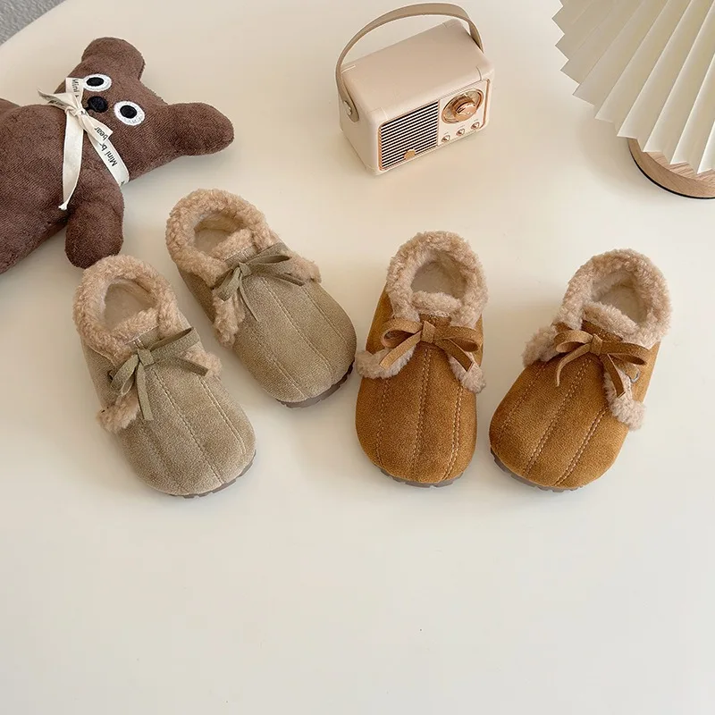 2025 inverno nova menina sapatos de algodão bonito e elegante arco com pelúcia quente sapatos planos para crianças pré-escolares sapatos de moda