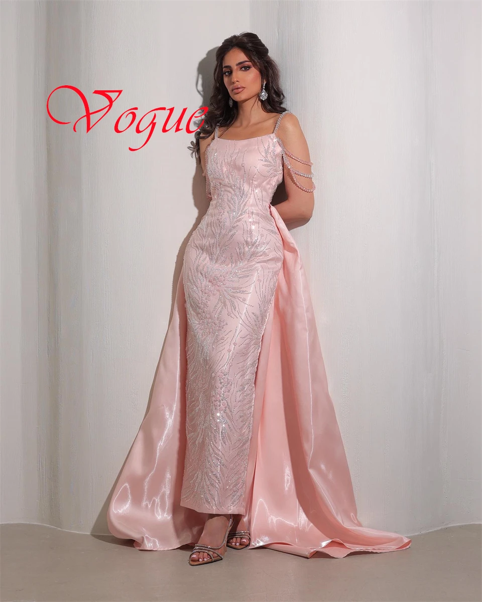 

Customized Simple Pink Satin Evening Dress Classic Square Collar Spaghetti Straps Zipper Back Beading Special Occasion Gowns