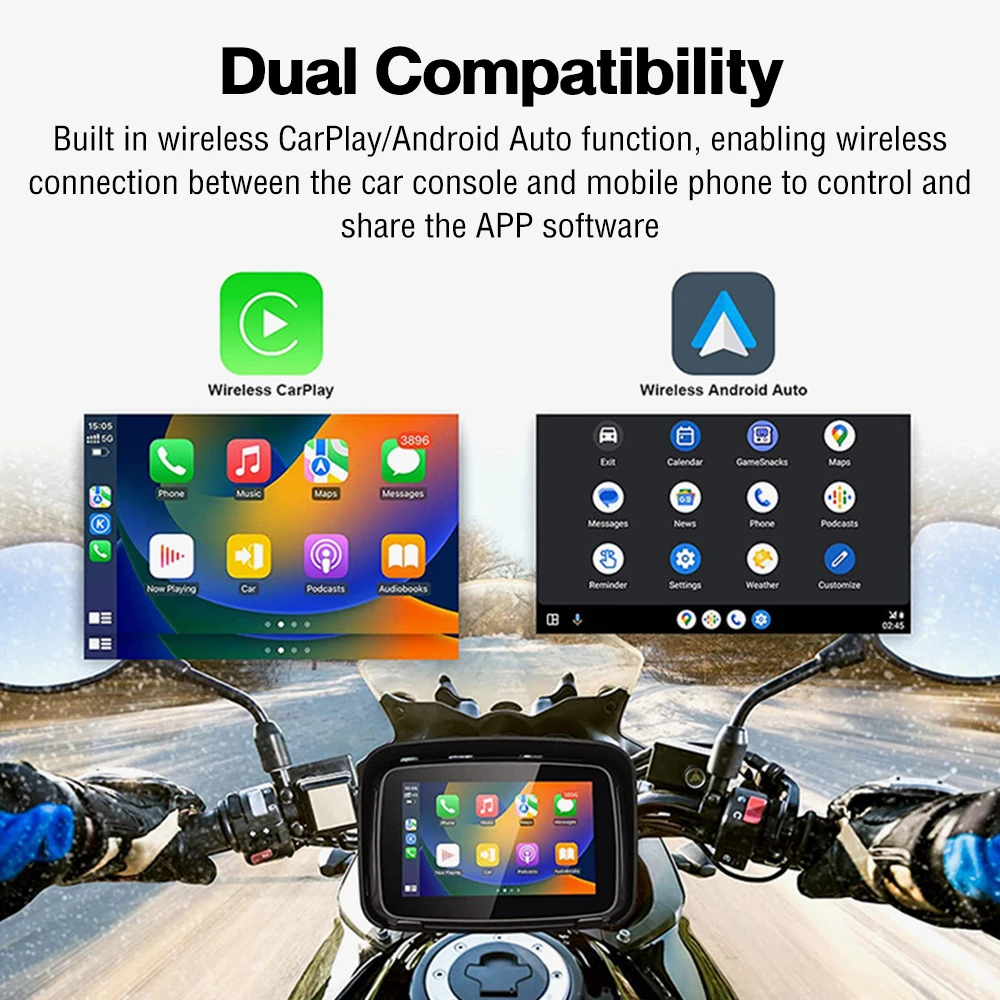 5 inch Motorcycle Display Screen Multimedia Player For Wireless Carplay Android Auto Portable Motorbike IPX7 Waterproof GPS BT