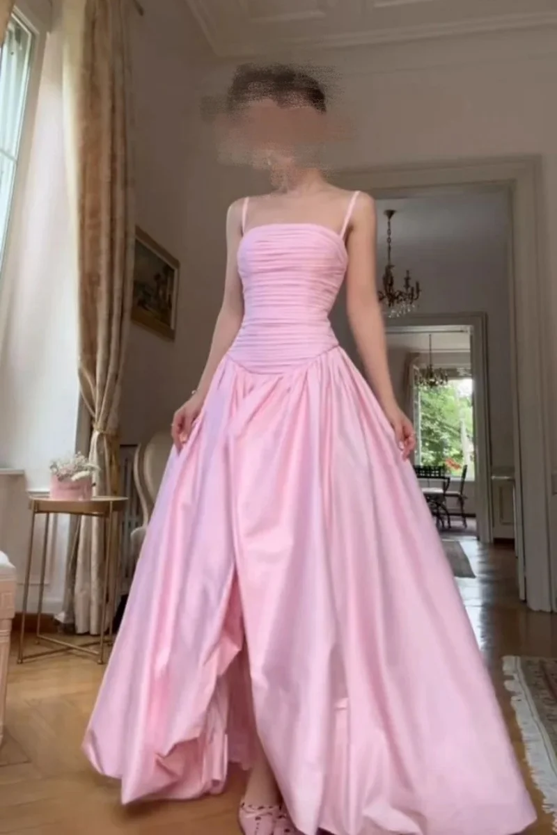 

Modern Pink A-Line Prom Dress Spaghetti Straps Satin Sleeveless Long Evening Gown for Women Elegant Formal Wear