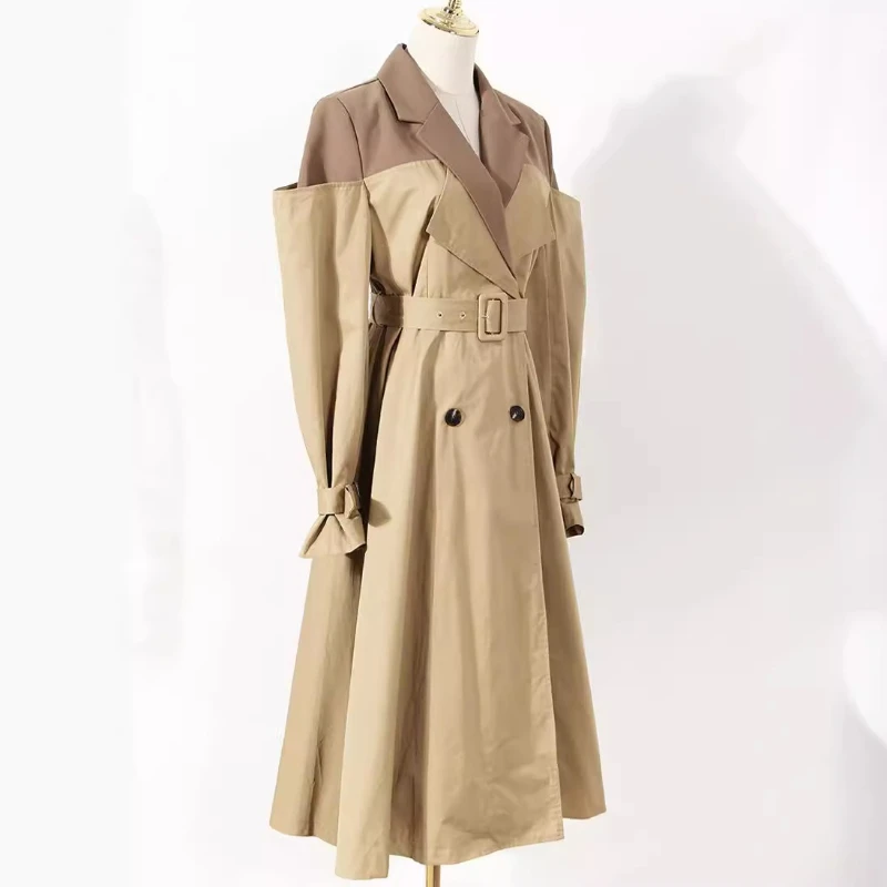 Women Spring Autumn Outerwear Trench Coat Tie Dress Waist Long Sleeve Fake Two Suit Collar Mid-length Button Retro  Simple