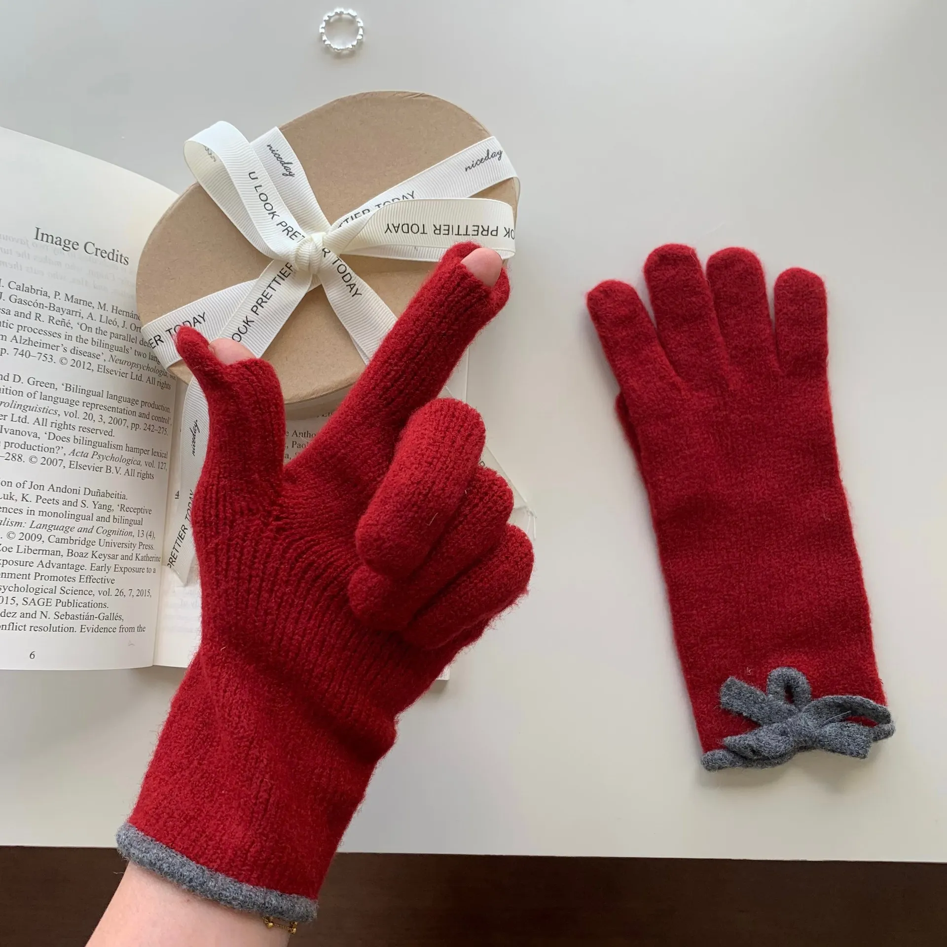 Women Wool Cute Bow Knit Touchscreen Gloves Winter Warm Fashion 2Tone Ribbed Knit Gloves Open Fingertips Christmas Gift Gloves