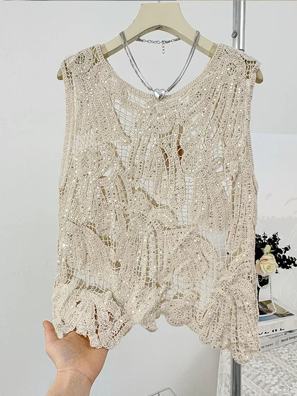 Lace Hollow out round Neck Sleeveless Vest Women Spring 2026 Irregular Youthful Layered Top Polyester Fiber Outerwear