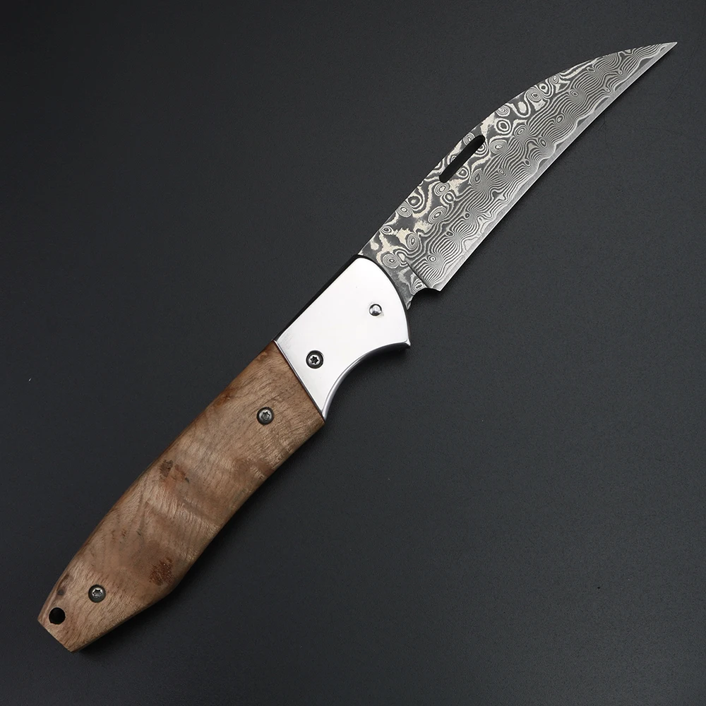 XUANFENG Damascus Steel Outdoor Folding Knife, Sharp Fruit Knife VG10 Camping Hunting Multifunctional Bending Knife