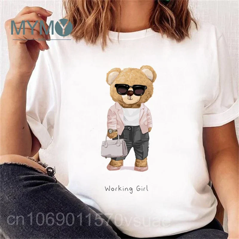 Casual Cute Bear Trend Women's Short Sleeve Printed T-shirt Pattern Fashion Summer Graphic Top Tee Plus Size Clothing for Female