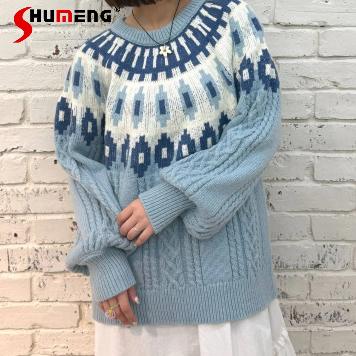 

Japanese Style Elegant Retro Round Neck Long Sleeve Loose Versatile Casual Cute Sweet Knitted Sweater Pullover for Women Autumn